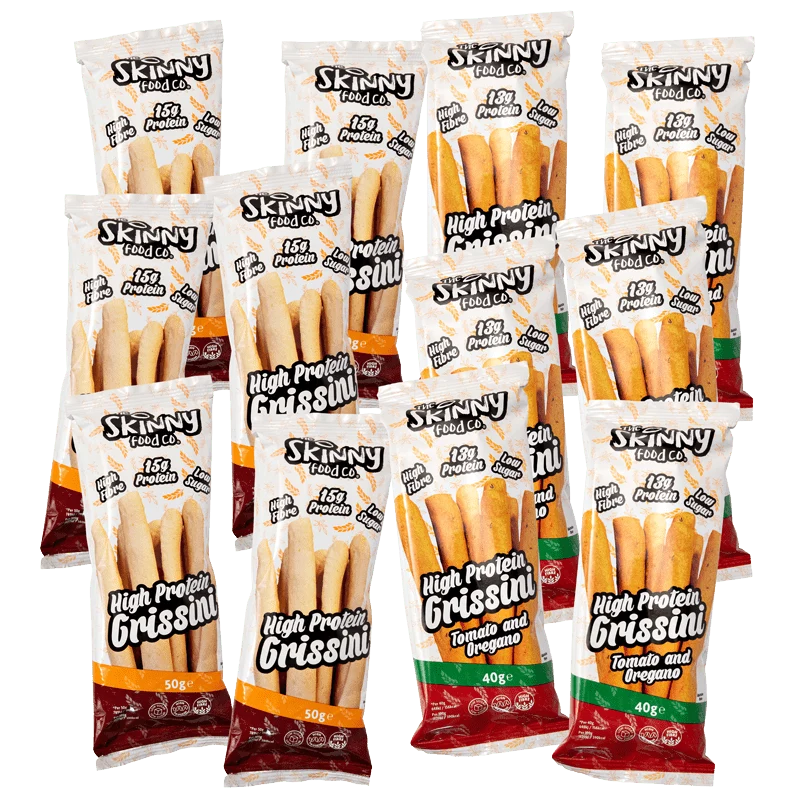(Abverkauf, Mindesthaltbarkeitsdatum überschritten: 26. April) Skinny High Protein Grissini Kollektion (6 Stück pro Geschmacksrichtung)