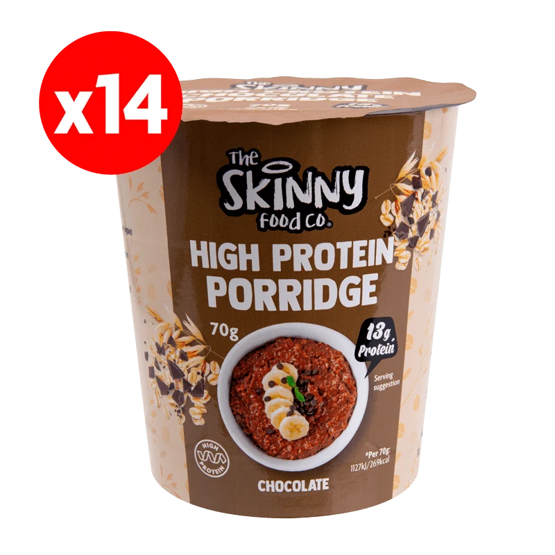 Tynde, proteinrige grødbøtter 14 x 70 g - 14 g protein (3 smagsvarianter at vælge imellem)