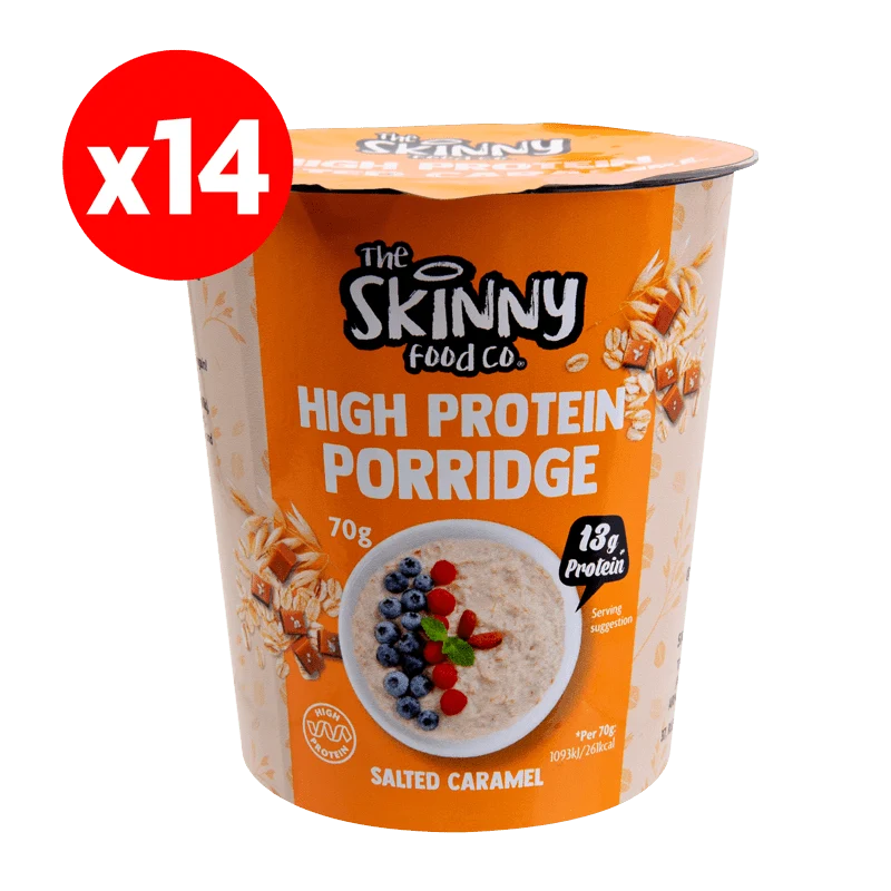 Tynde, proteinrige grødbøtter 14 x 70 g - 14 g protein (3 smagsvarianter at vælge imellem)