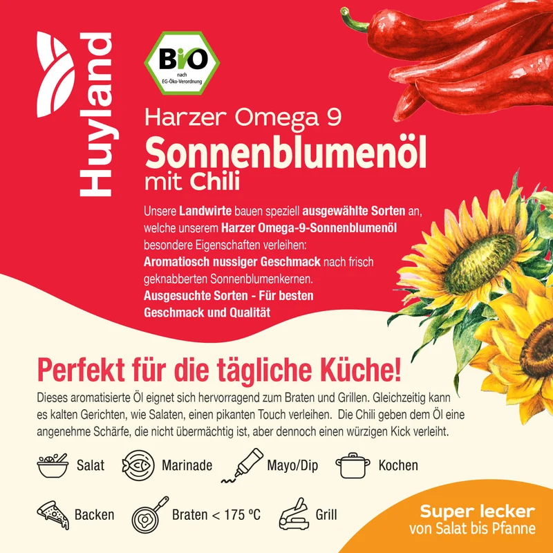 Huyland Harzer Bio Sonnenblumenöl mit Chili (250 ml)