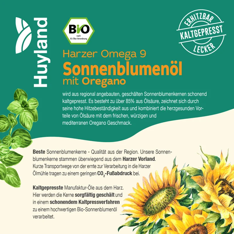 Huyland Harzer Bio Sonnenblumenöl mit Oregano (250 ml)