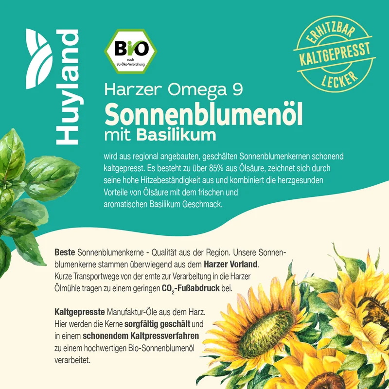 Huyland Harzer Bio Sonnenblumenöl mit Basilikum (250 ml)