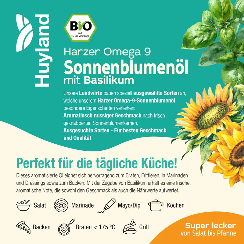 Huyland Harzer Bio Sonnenblumenöl mit Basilikum (250 ml)