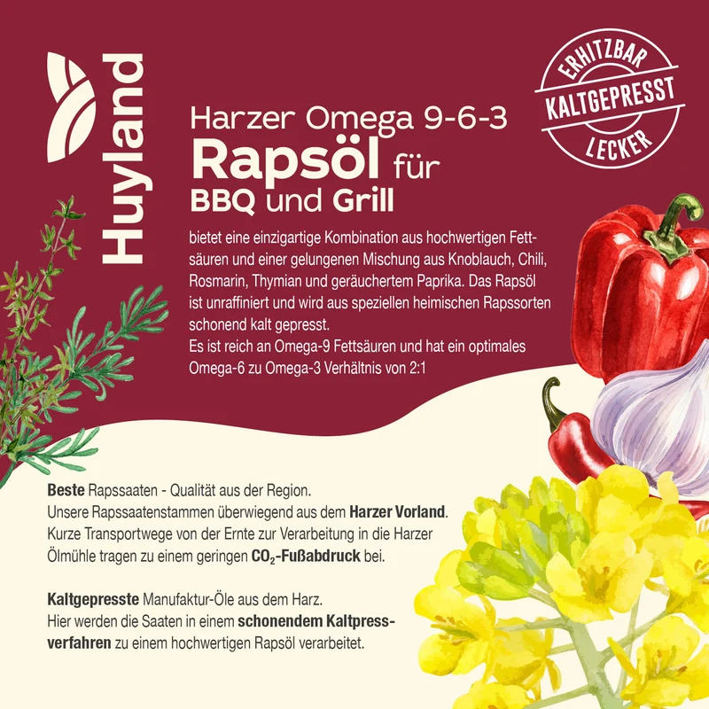 Huyland Harzer Rapsöl für BBQ und Grill (250 ml)