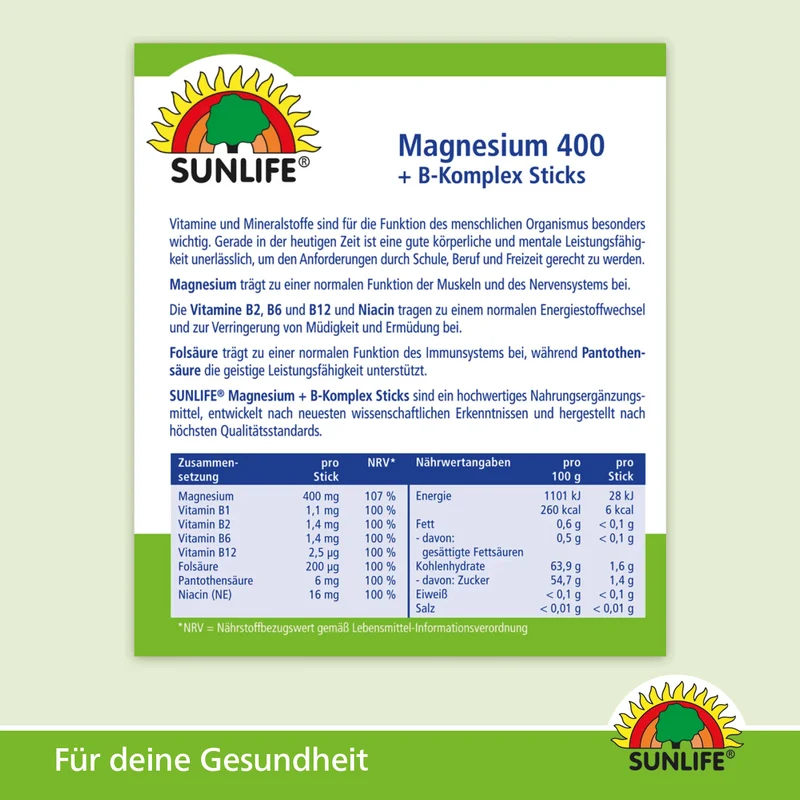 SUNLIFE Magnesium 400 + B-Komplex (20 Sticks)