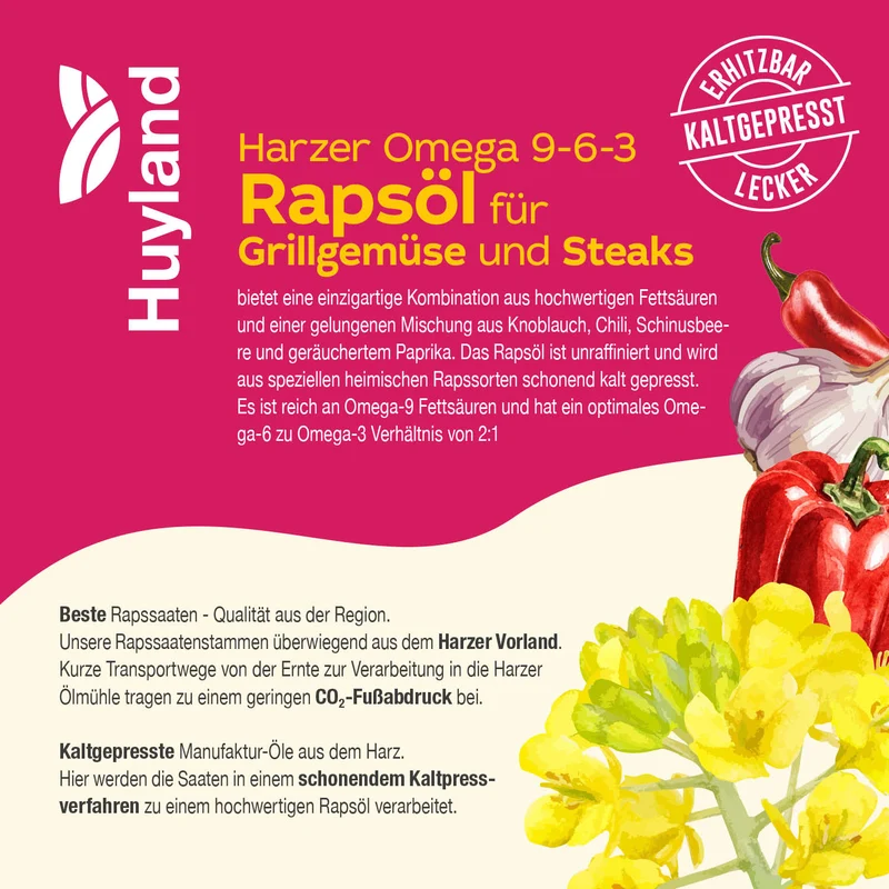 Huyland Harzer Rapsöl für Grillgemüse und Steaks (250 ml)