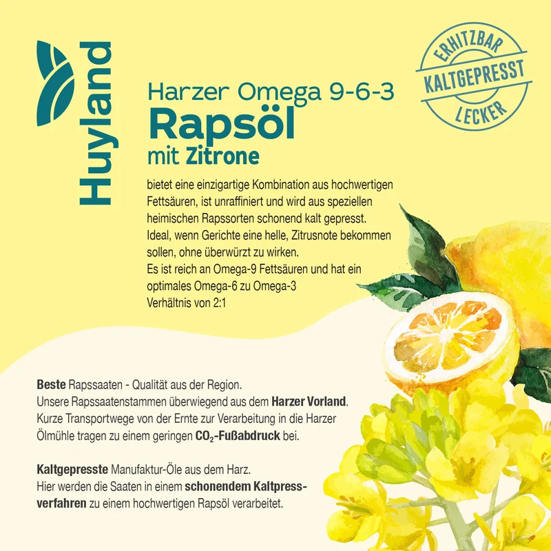 Huyland Harzer Rapsöl mit Zitrone (250 ml)
