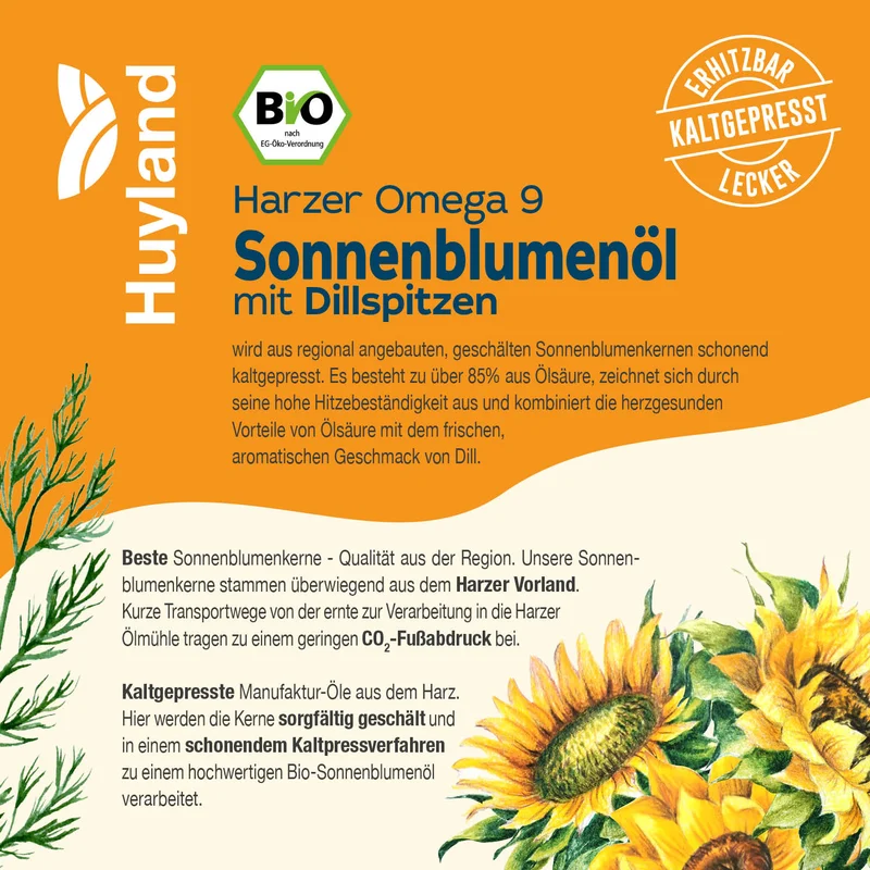 Huyland Harzer Bio Sonnenblumenöl mit Dillspitzen (250 ml)