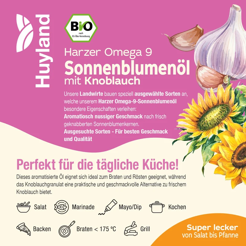 Huyland Harzer Bio Sonnenblumenöl mit Knoblauch (250 ml)