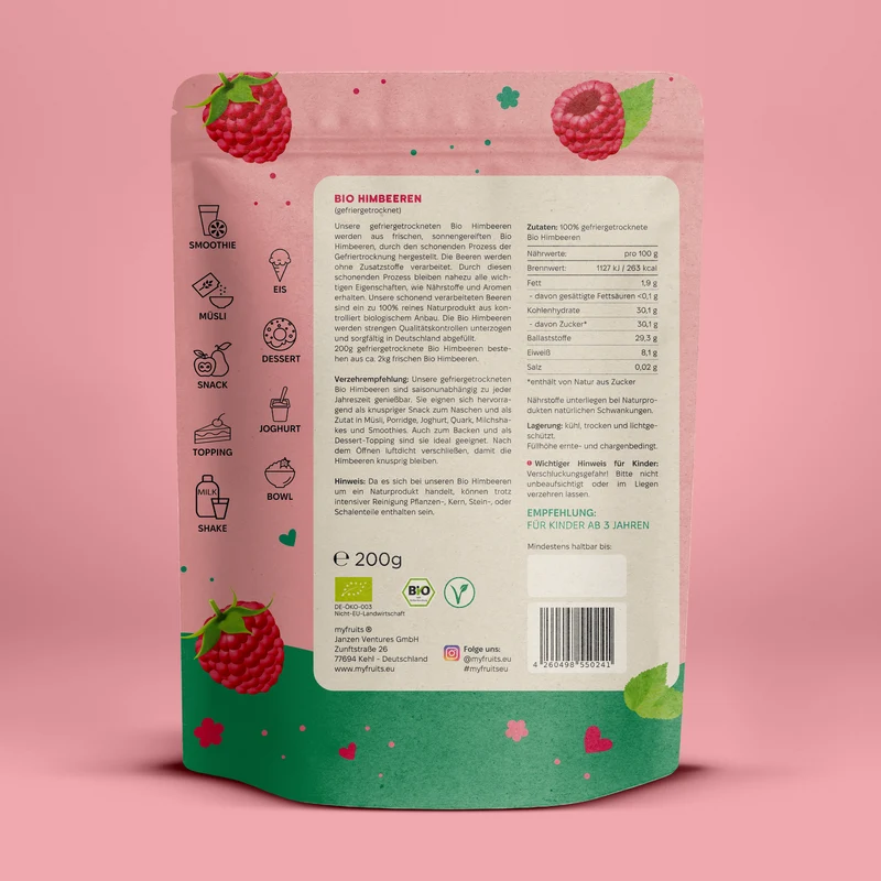 Gefriergetrocknete Bio Himbeeren, Vorratspackung