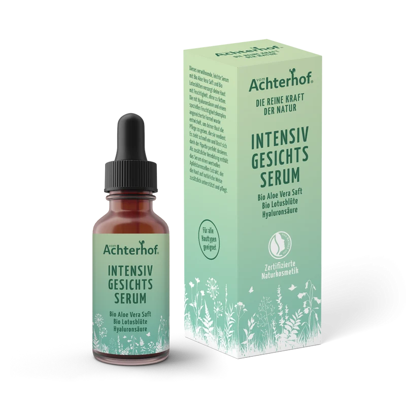 Intensiv Gesichtsserum mit Bio Aloe Vera Saft + Bio Lotosblüte und Hyaluronsäure (30ml)