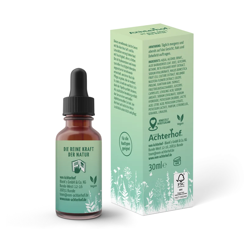 Intensiv Gesichtsserum mit Bio Aloe Vera Saft + Bio Lotosblüte und Hyaluronsäure (30ml)