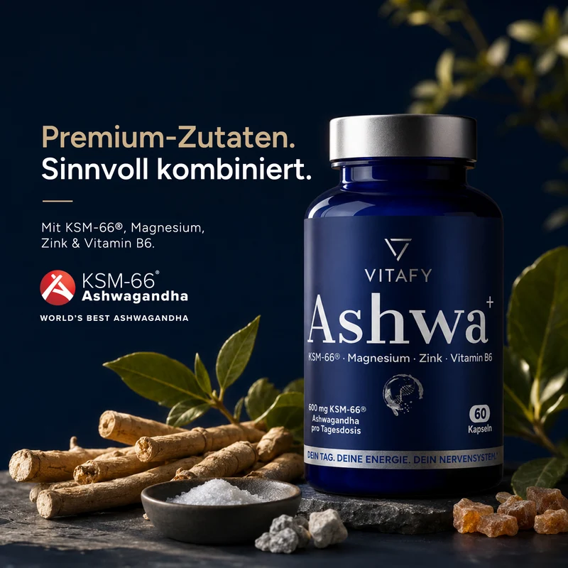 Ashwa+ Ashwagandha KSM-66® mit Magnesium, Zink & Vitamin B6 (60 Kapseln)