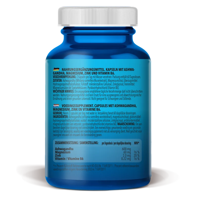 Ashwagandha + Magnesium - Zinc - Vitamin B6 (120 Kapseln)