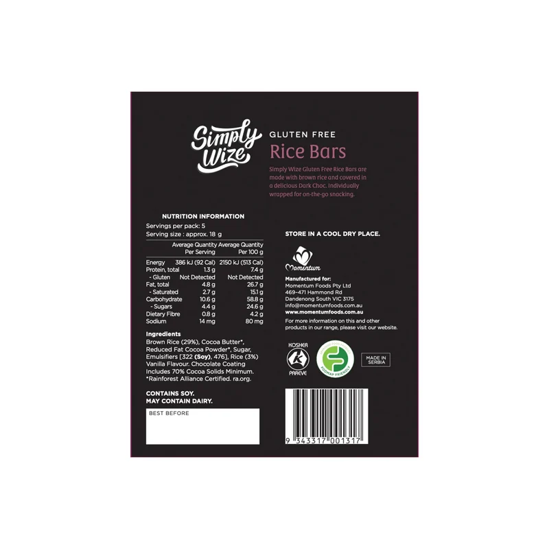 Rice Bars Dark Choc 5pk 90g